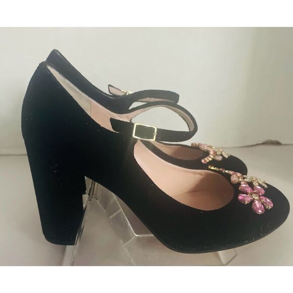 Kate Spade Black Velvet Heels with Pink Embellishments ballina Mary Jane Pump 10 - Picture 3 of 10